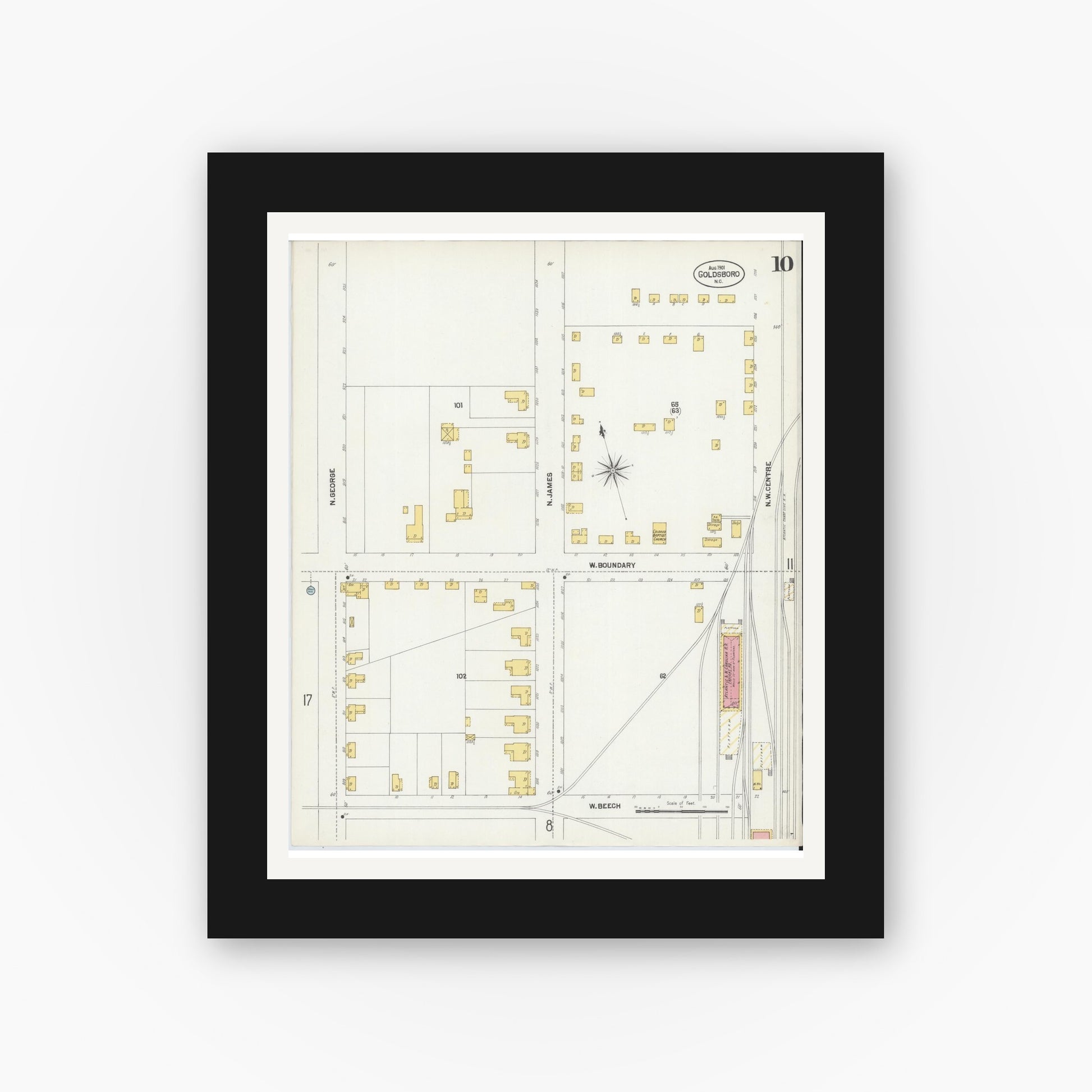 Old map wall art mockup — black gallery frame with white mat — Sanborn Fire Insurance Map from Goldsboro, Wayne County, North Carolina (1901), Sheet #0010