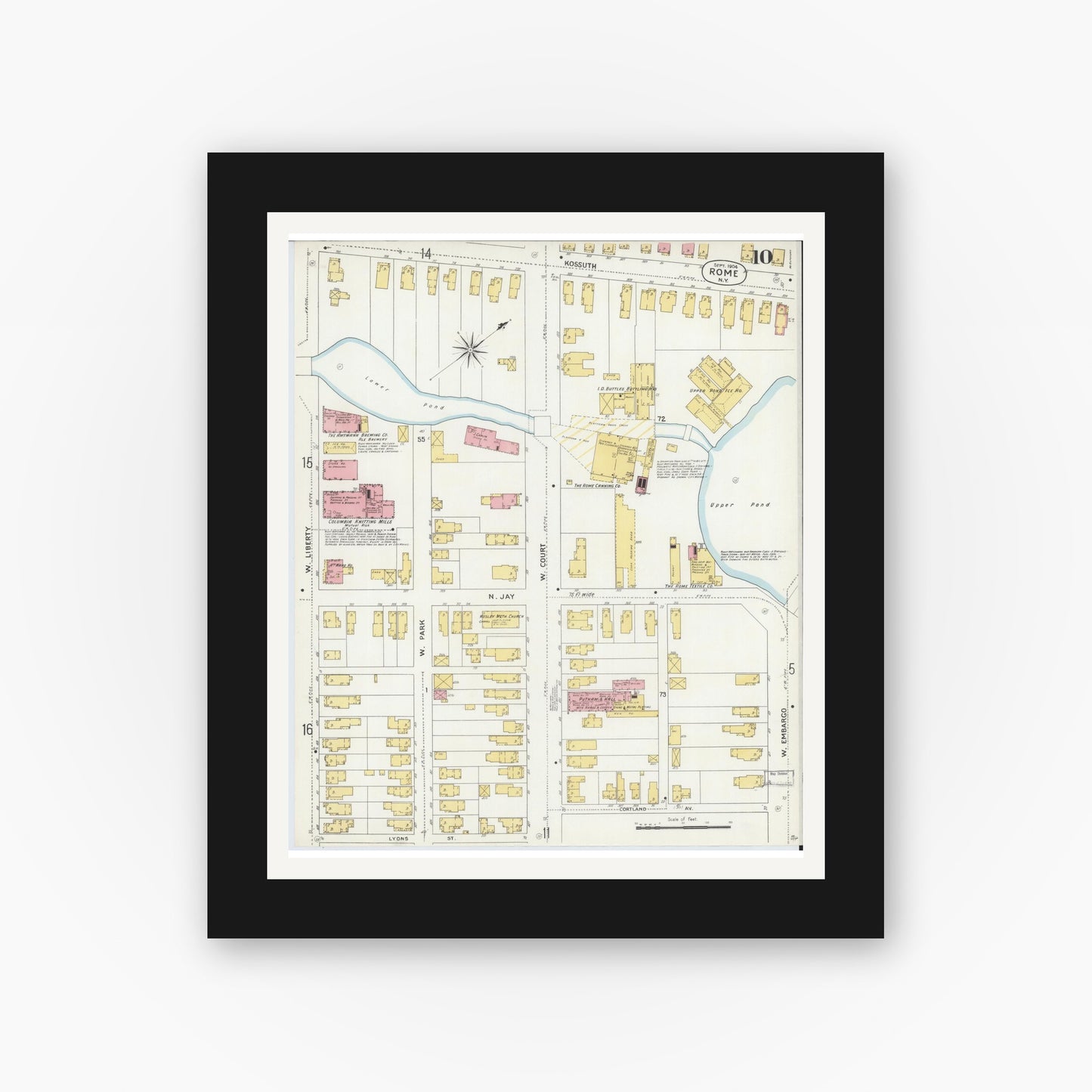 Old map wall art mockup — black gallery frame with white mat — Sanborn Fire Insurance Map from Rome, Oneida County, New York (1904), Sheet #0010