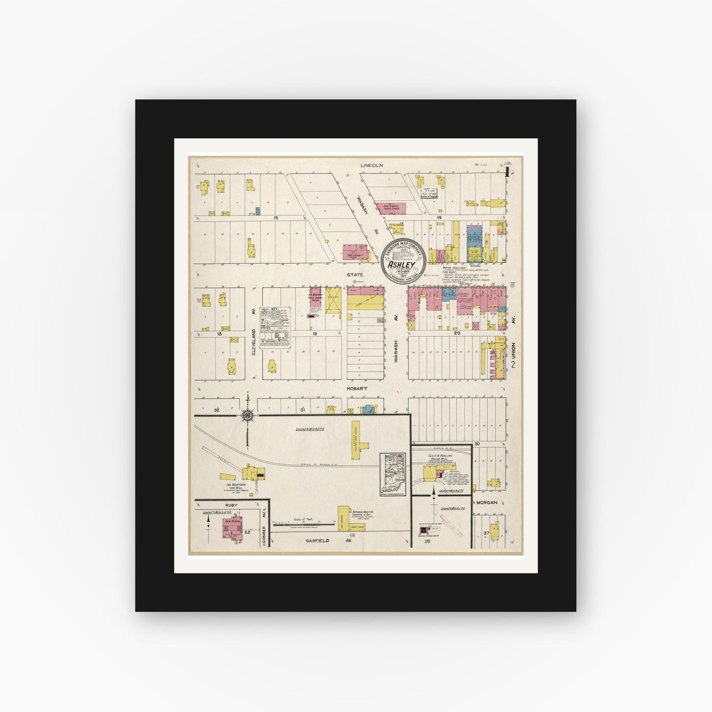 Old map wall art mockup — black gallery frame with white mat — Sanborn Fire Insurance Map from Ashley, Steuben County, Indiana (1917), Sheet #0001