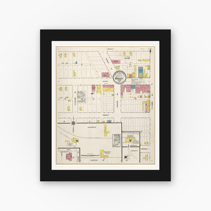 Old map wall art mockup — black gallery frame with white mat — Sanborn Fire Insurance Map from Ashley, Steuben County, Indiana (1917), Sheet #0001
