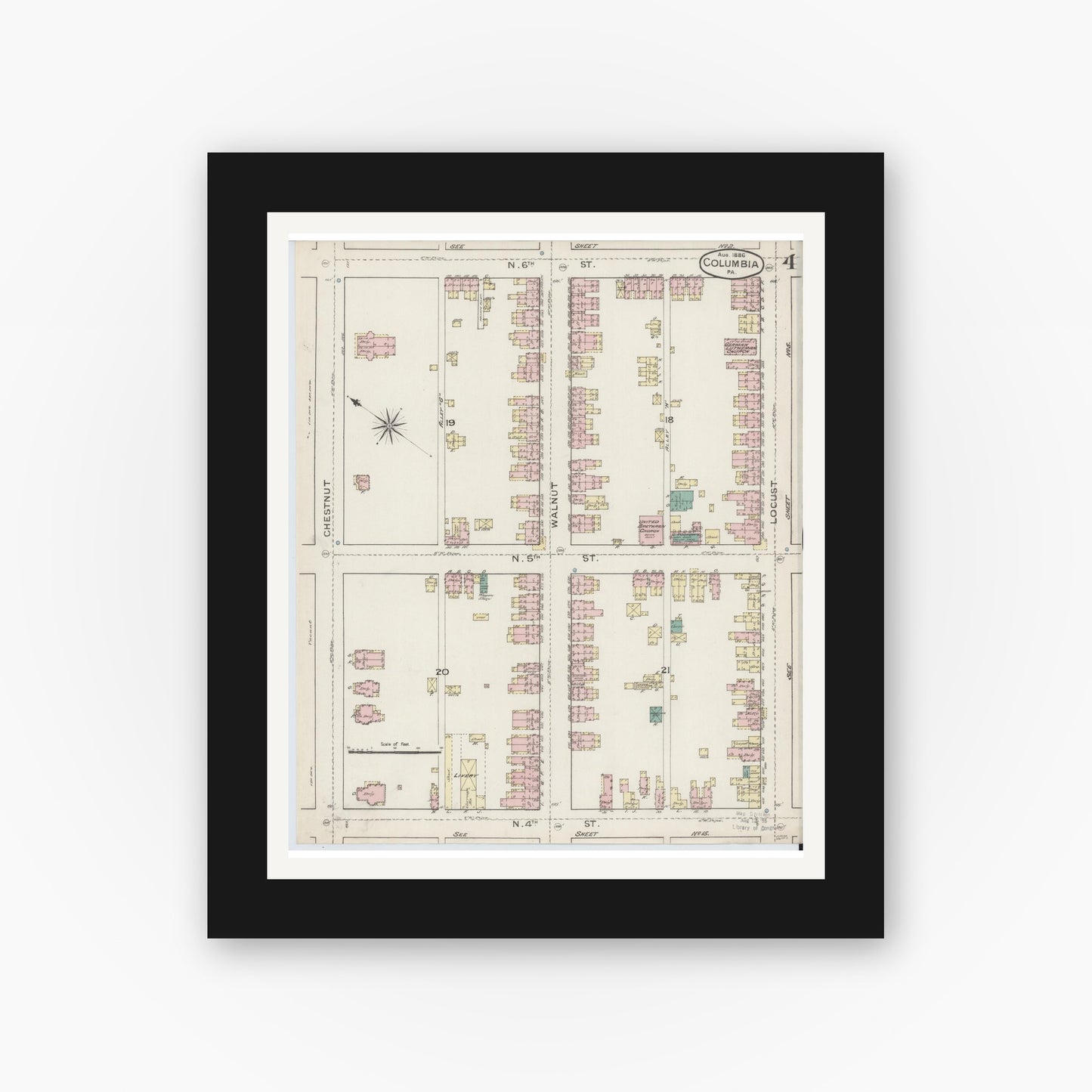 Old map wall art mockup — black gallery frame with white mat — Sanborn Fire Insurance Map from Columbia, Lancaster County, Pennsylvania (1886), Sheet #0004