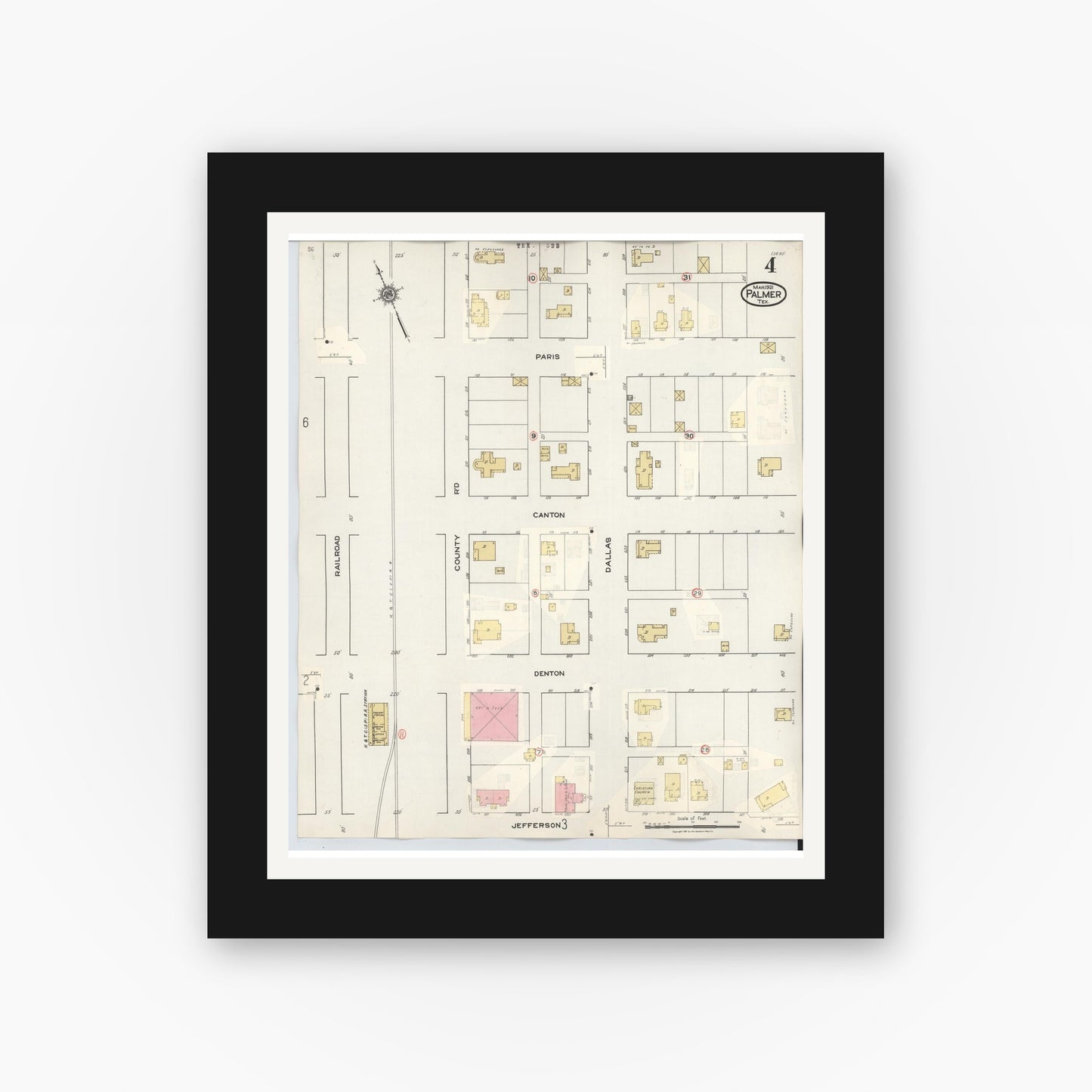 Old map wall art mockup — black gallery frame with white mat — Sanborn Fire Insurance Map from Palmer, Ellis County, Texas (1936), Sheet #0004