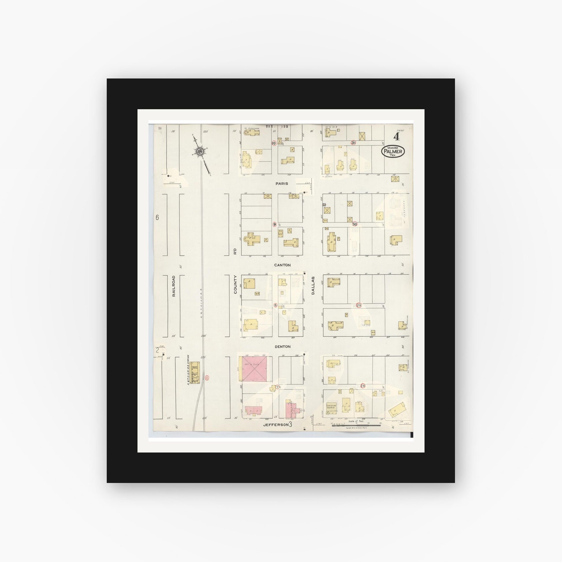 Old map wall art mockup — black gallery frame with white mat — Sanborn Fire Insurance Map from Palmer, Ellis County, Texas (1936), Sheet #0004