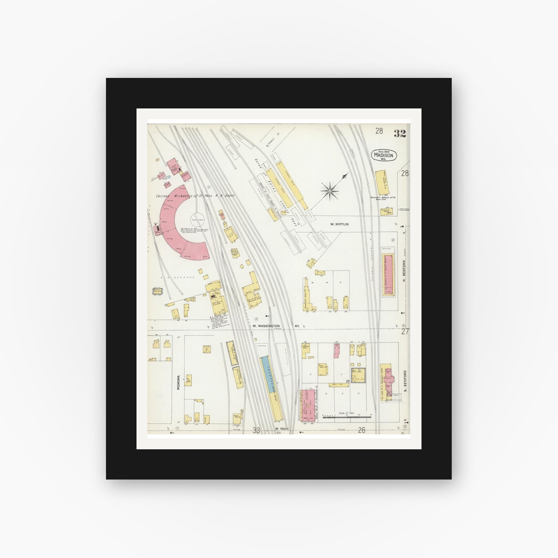 Old map wall art mockup — black gallery frame with white mat — Sanborn Fire Insurance Map from Madison, Dane County, Wisconsin (1902), Sheet #0032