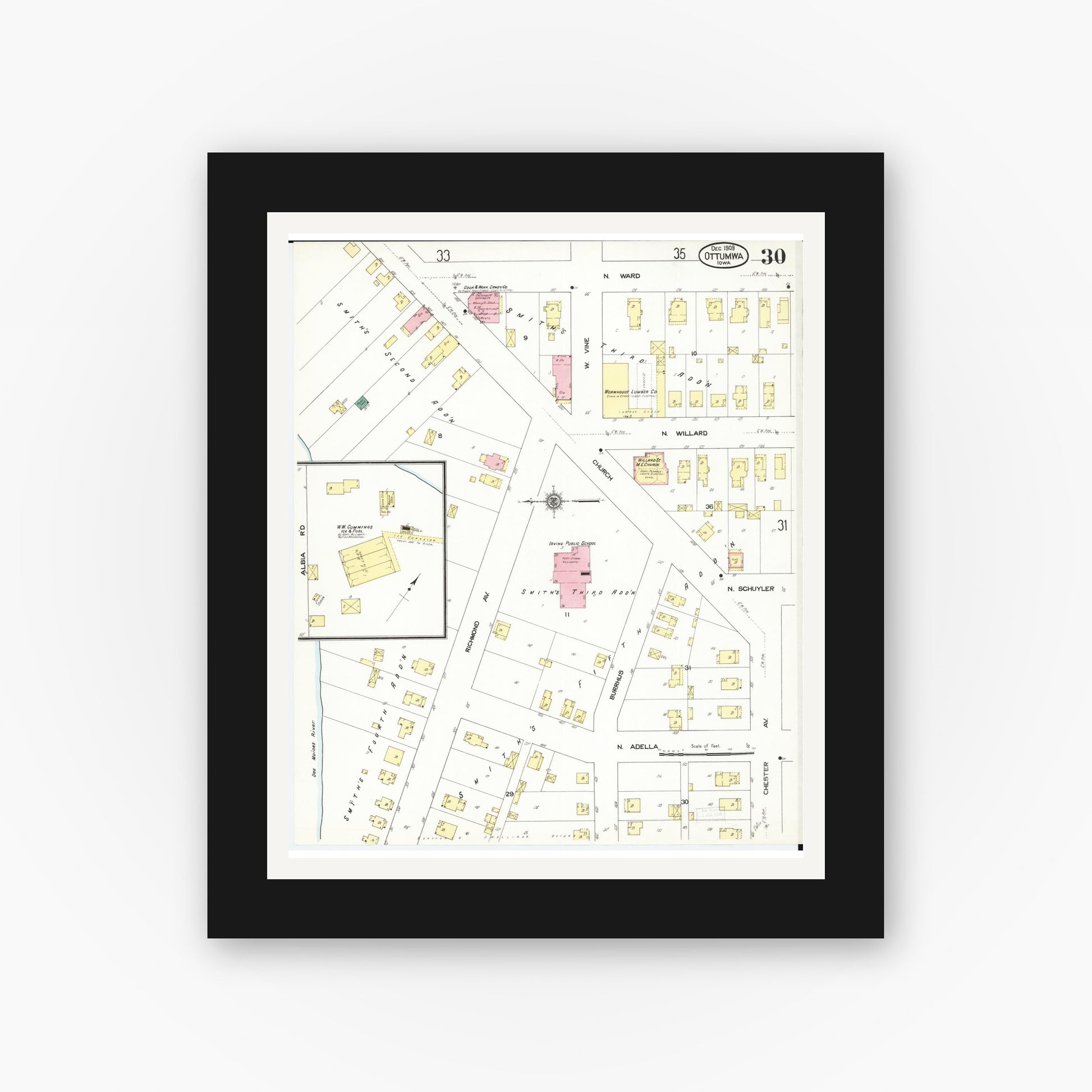 Old map wall art mockup — black gallery frame with white mat — Sanborn Fire Insurance Map from Ottumwa, Wapello County, Iowa (1909), Sheet #0030