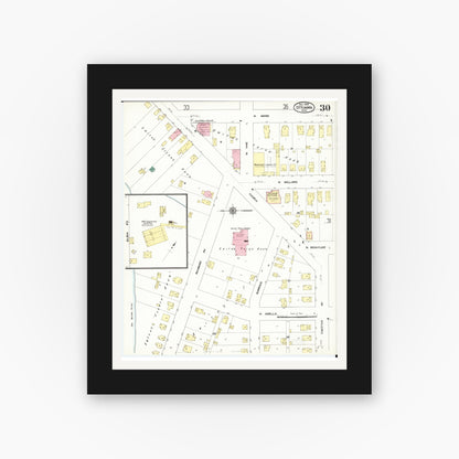 Old map wall art mockup — black gallery frame with white mat — Sanborn Fire Insurance Map from Ottumwa, Wapello County, Iowa (1909), Sheet #0030