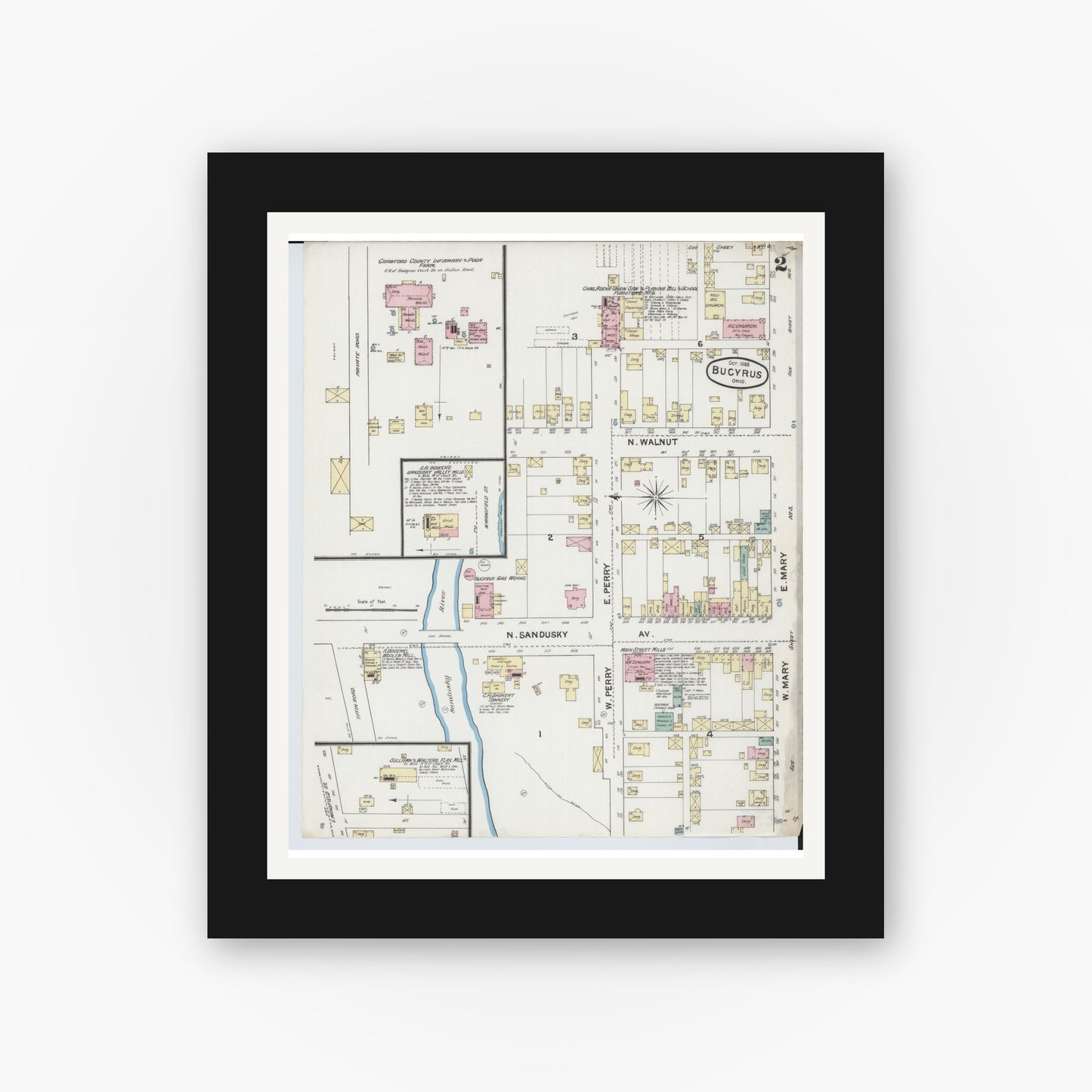 Old map wall art mockup — black gallery frame with white mat — Sanborn Fire Insurance Map from Bucyrus, Crawford County, Ohio (1888), Sheet #0002