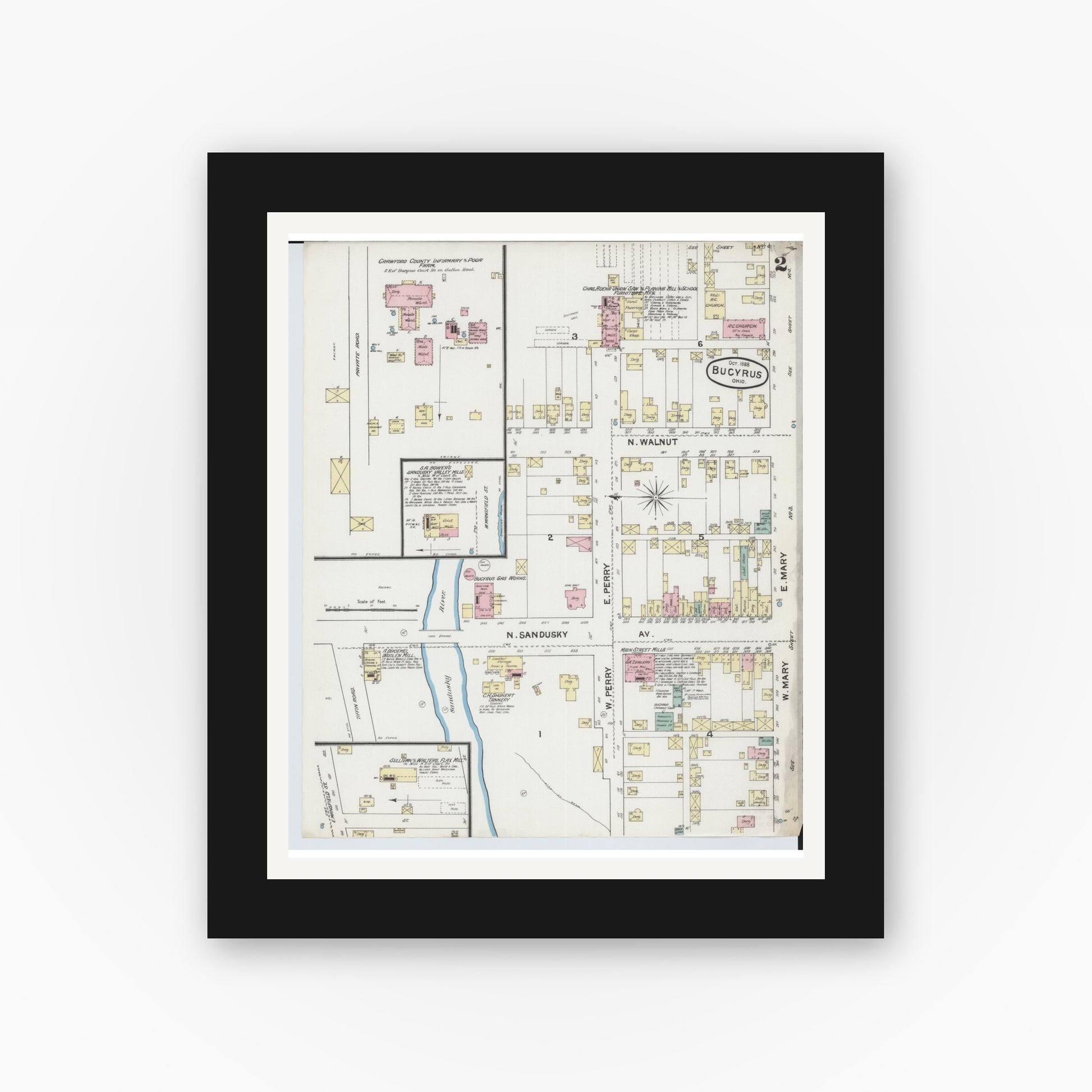 Old map wall art mockup — black gallery frame with white mat — Sanborn Fire Insurance Map from Bucyrus, Crawford County, Ohio (1888), Sheet #0002