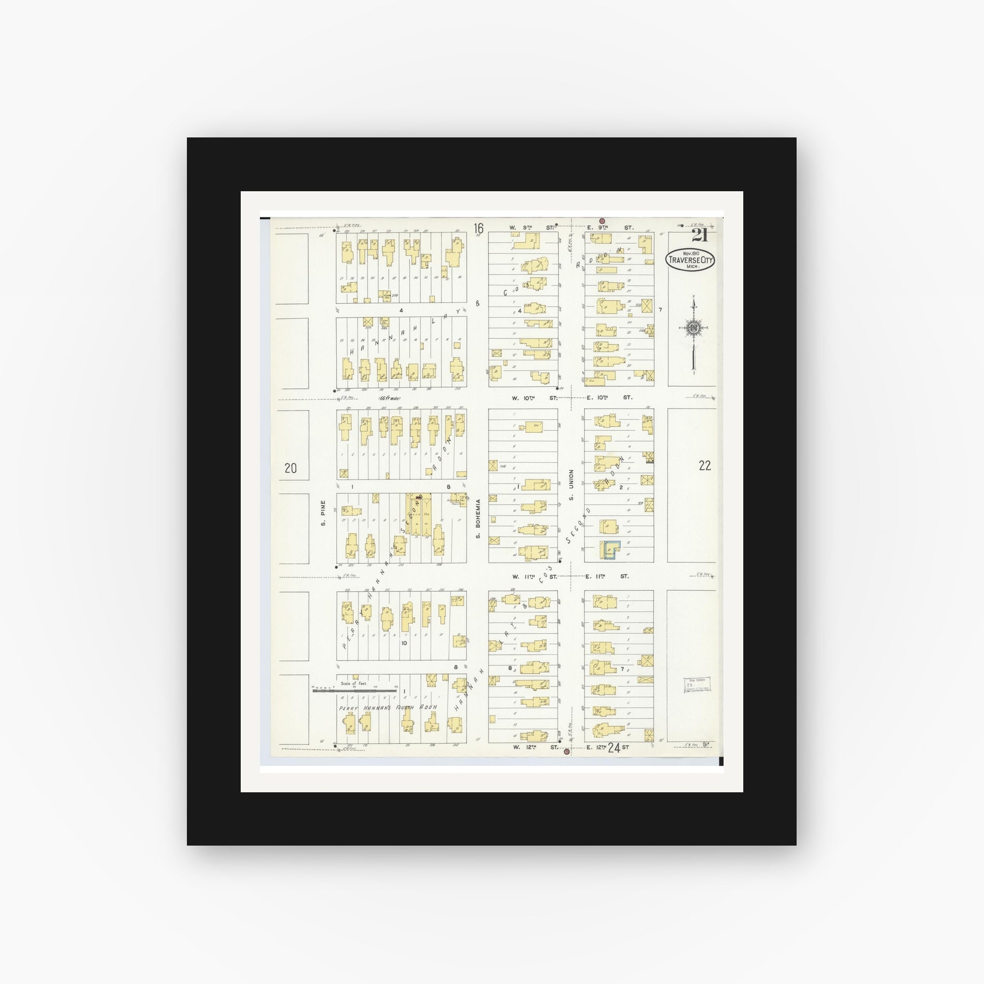 Old map wall art mockup — black gallery frame with white mat — Sanborn Fire Insurance Map from Traverse City, Grand Traverse County, Michigan (1910), Sheet #0021