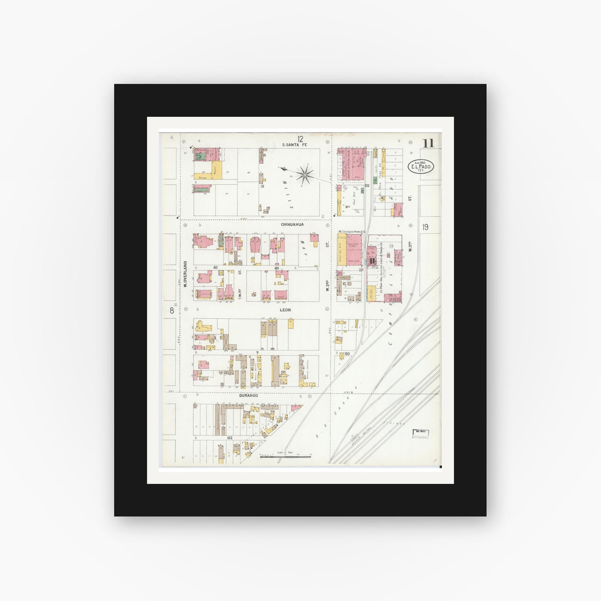 Old map wall art mockup — black gallery frame with white mat — Sanborn Fire Insurance Map from El Paso, El Paso County, Texas (1900), Sheet #0011