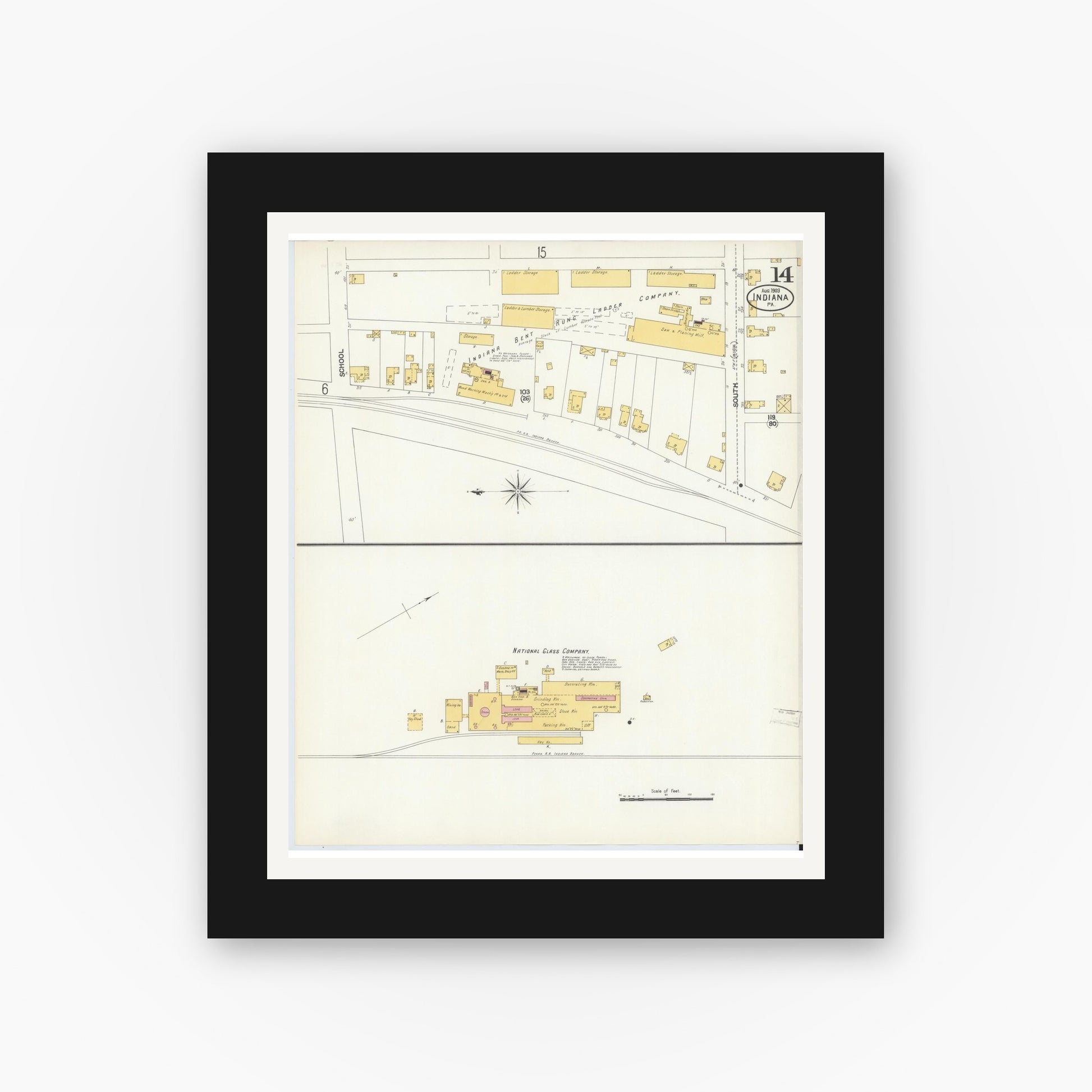 Old map wall art mockup — black gallery frame with white mat — Sanborn Fire Insurance Map from Indiana, Indiana County, Pennsylvania (1903), Sheet #0014