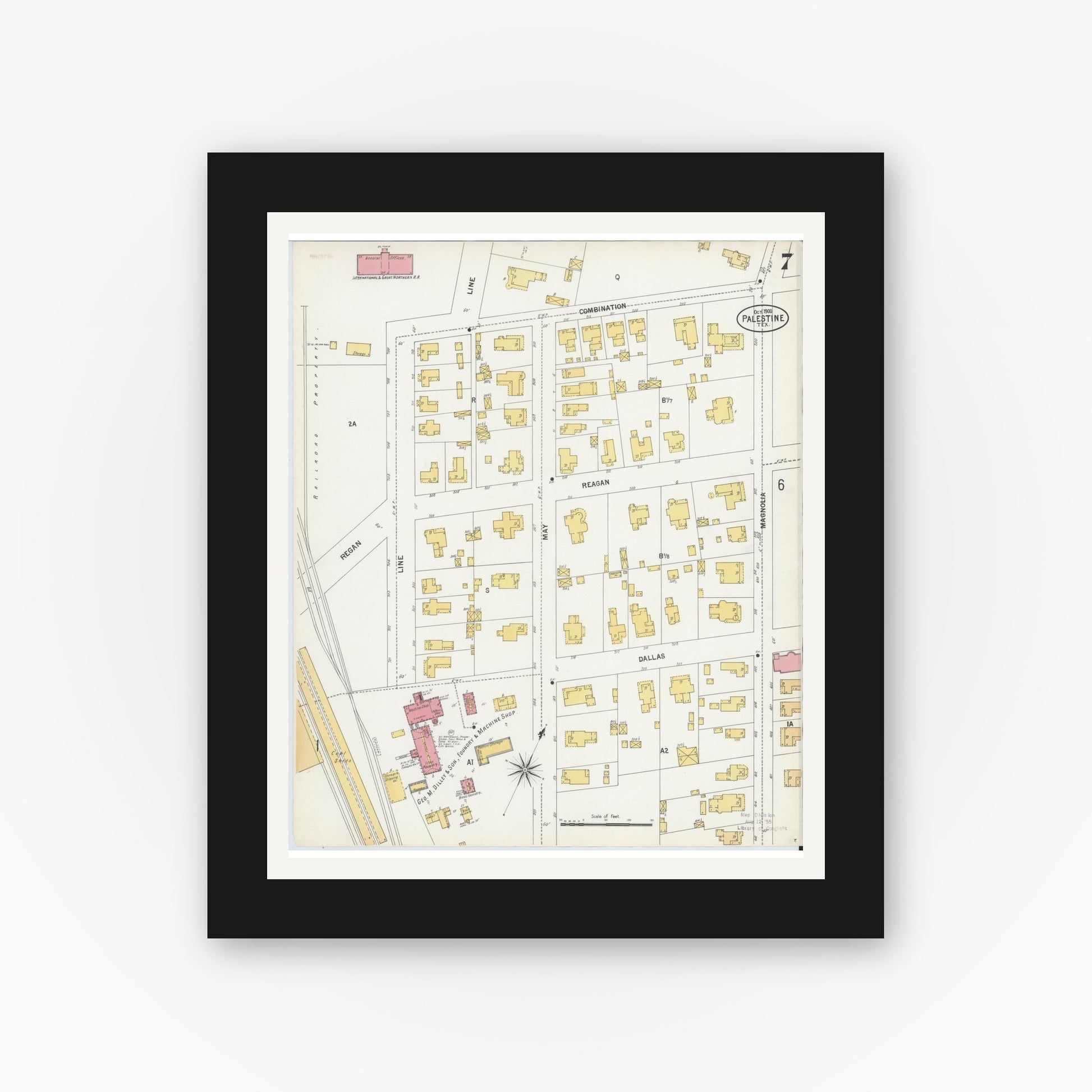 Old map wall art mockup — black gallery frame with white mat — Sanborn Fire Insurance Map from Palestine, Anderson County, Texas (1900), Sheet #0007
