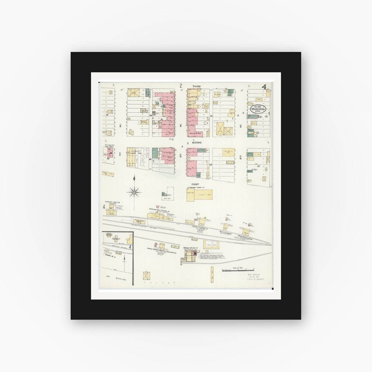 Old map wall art mockup — black gallery frame with white mat — Sanborn Fire Insurance Map from Madison, Lac Qui Parle County, Minnesota (1906), Sheet #0004