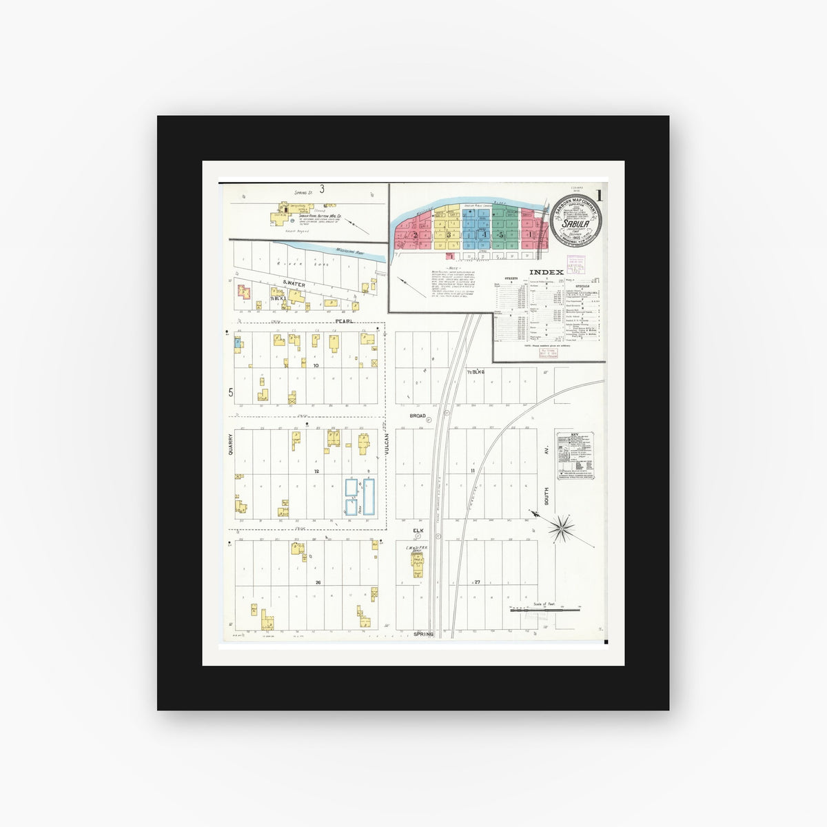 Old map wall art mockup — black gallery frame with white mat — Sanborn Fire Insurance Map from Sabula, Jackson County, Iowa (1905) â€” Complete Set