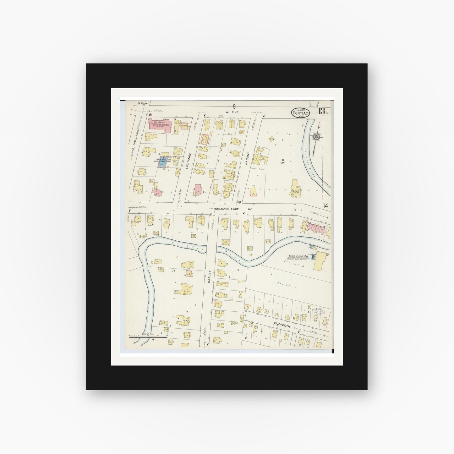 Old map wall art mockup — black gallery frame with white mat — Sanborn Fire Insurance Map from Pontiac, Oakland County, Michigan (1915), Sheet #0013