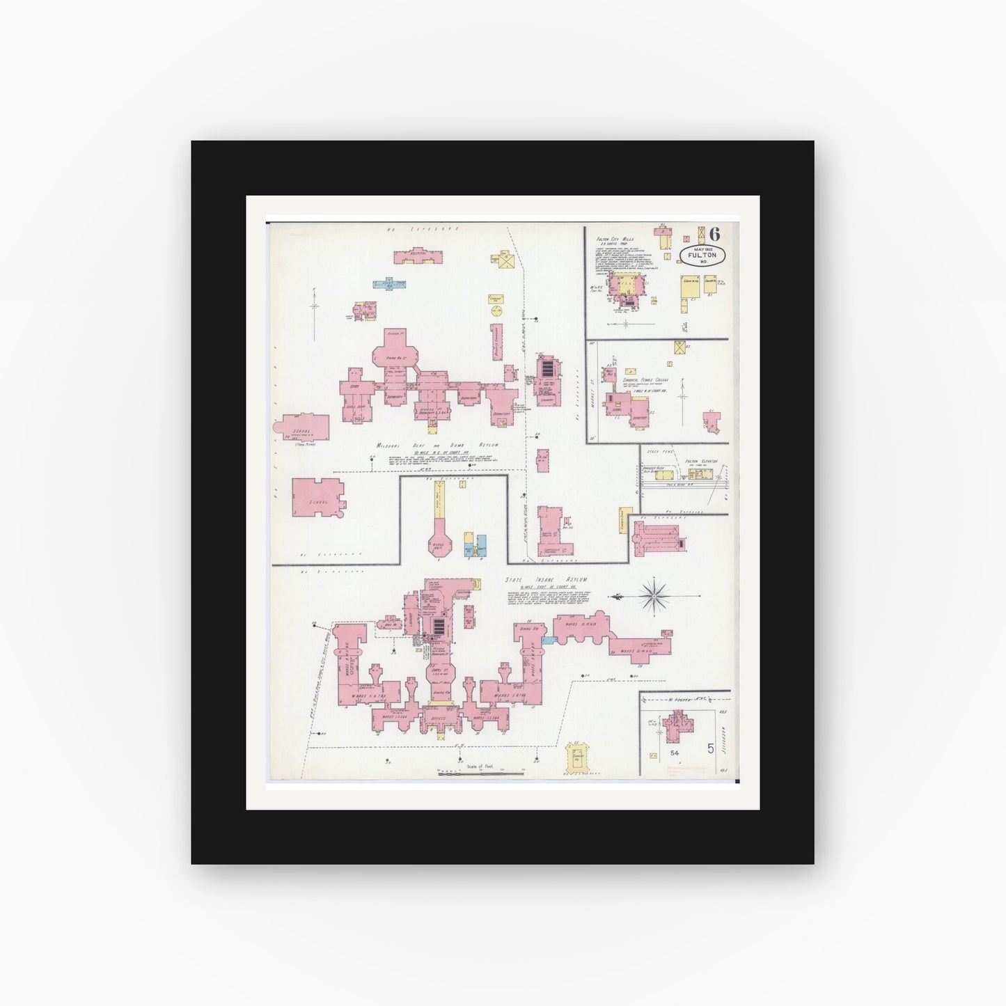 Old map wall art mockup — black gallery frame with white mat — Sanborn Fire Insurance Map from Fulton, Callaway County, Missouri (1902), Sheet #0006
