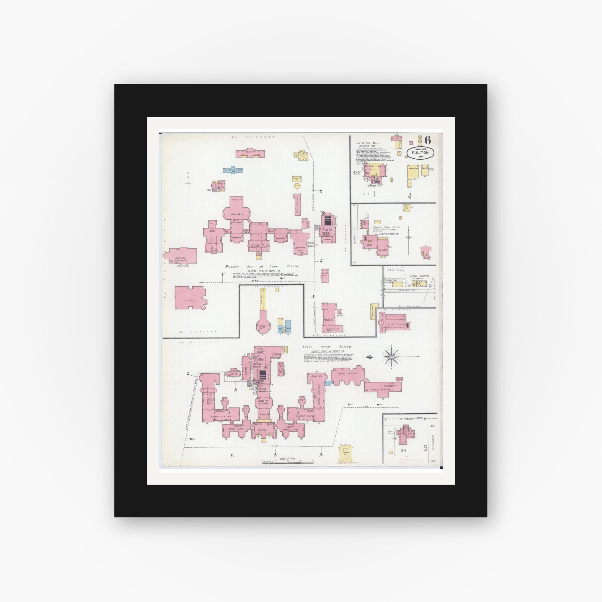 Old map wall art mockup — black gallery frame with white mat — Sanborn Fire Insurance Map from Fulton, Callaway County, Missouri (1902), Sheet #0006