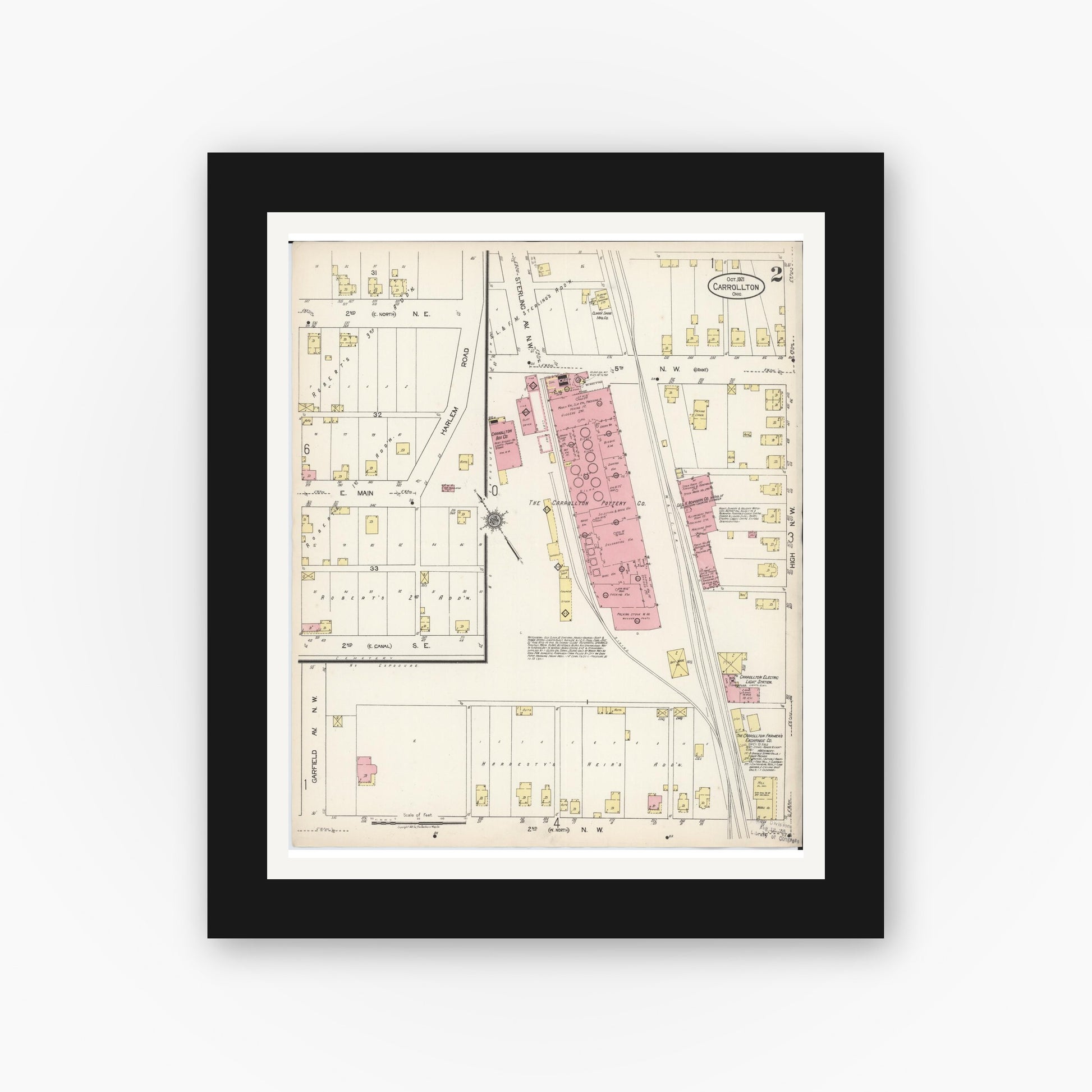 Old map wall art mockup — black gallery frame with white mat — Sanborn Fire Insurance Map from Carrollton, Carroll County, Ohio (1921), Sheet #0002