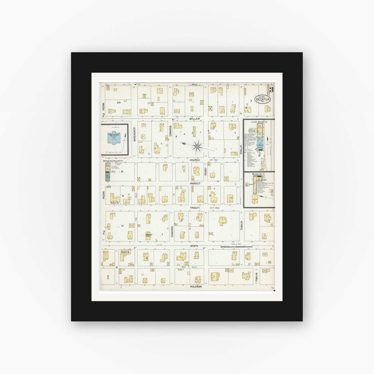 Old map wall art mockup — black gallery frame with white mat — Sanborn Fire Insurance Map from Decatur, Wise County, Texas (1902), Sheet #0003