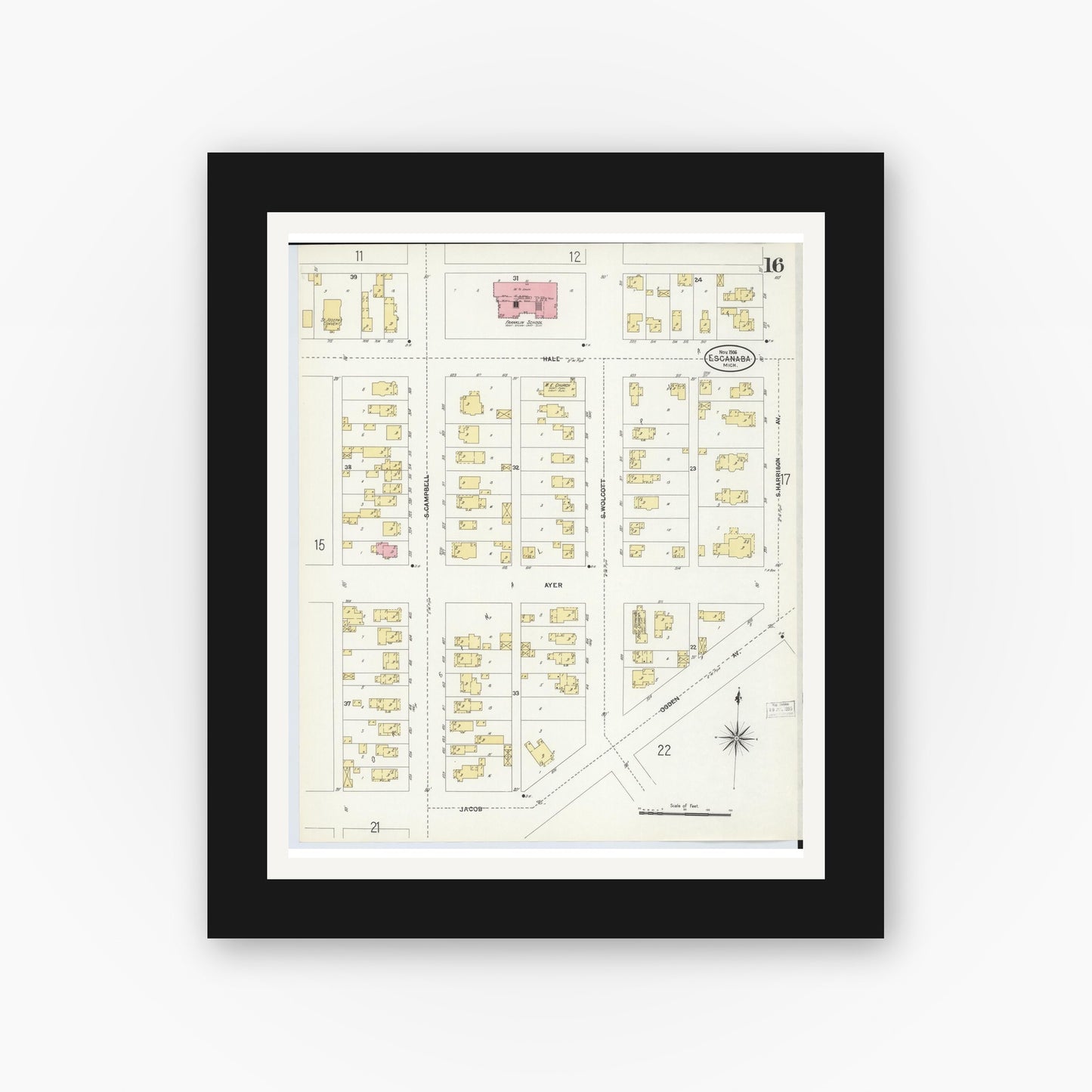 Old map wall art mockup — black gallery frame with white mat — Sanborn Fire Insurance Map from Escanaba, Delta County, Michigan (1906), Sheet #0016