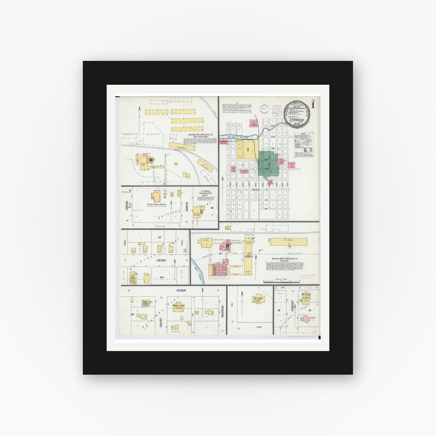 Old map wall art mockup — black gallery frame with white mat — Sanborn Fire Insurance Map from Standish, Arenac County, Michigan (1901), Sheet #0001