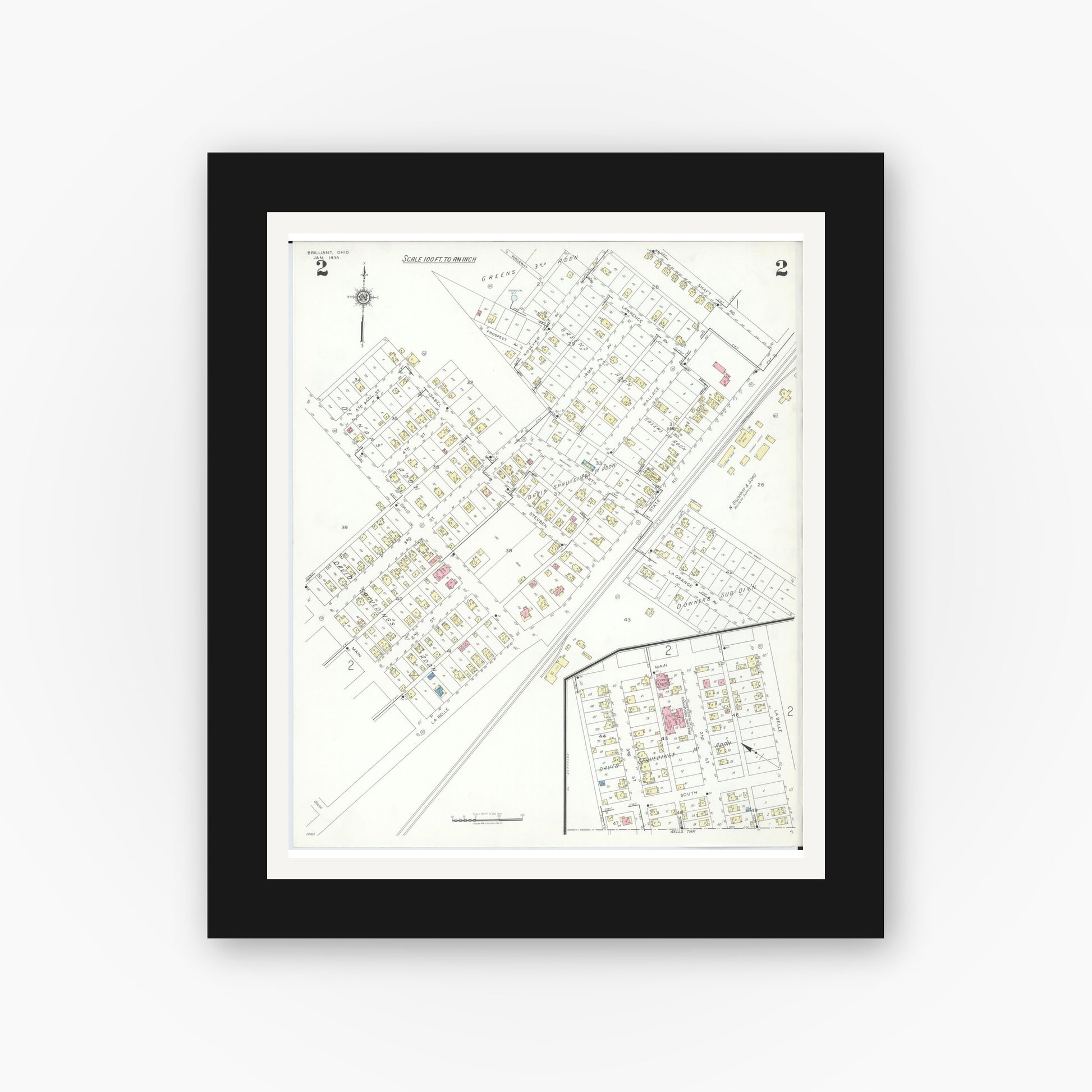 Old map wall art mockup — black gallery frame with white mat — Sanborn Fire Insurance Map from Brilliant, Jefferson County, Ohio (1938), Sheet #0002