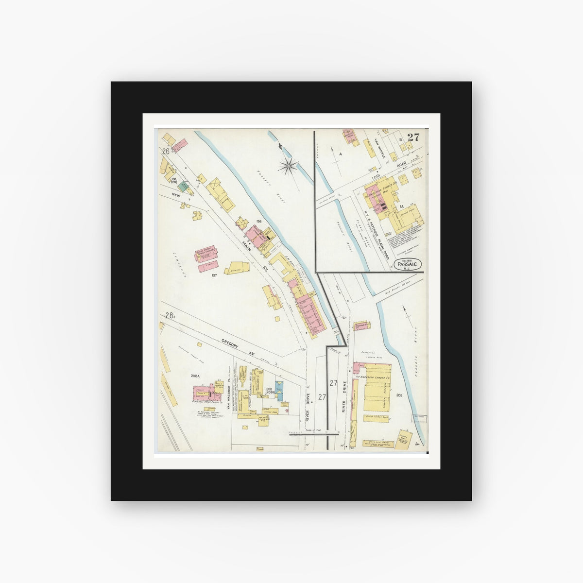 Old map wall art mockup — black gallery frame with white mat — Sanborn Fire Insurance Map from Passaic, Passaic County, New Jersey (1903), Sheet #0027