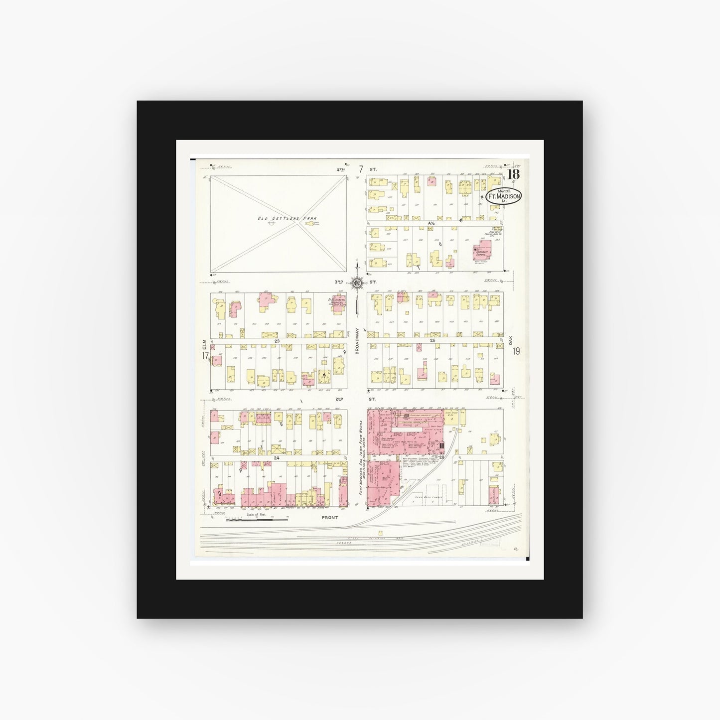 Old map wall art mockup — black gallery frame with white mat — Sanborn Fire Insurance Map from Fort Madison, Lee County, Iowa (1913), Sheet #0018