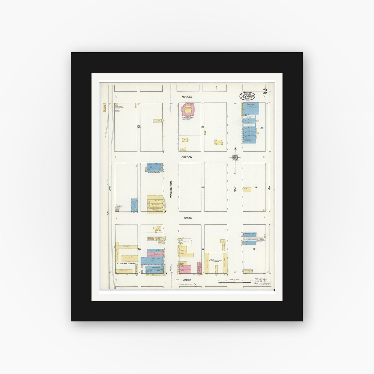 Old map wall art mockup — black gallery frame with white mat — Sanborn Fire Insurance Map from Seymour, Baylor County, Texas (1916), Sheet #0002