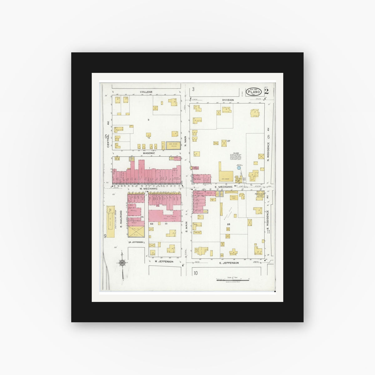 Old map wall art mockup — black gallery frame with white mat — Sanborn Fire Insurance Map from Plano, Collin County, Texas (1921), Sheet #0002