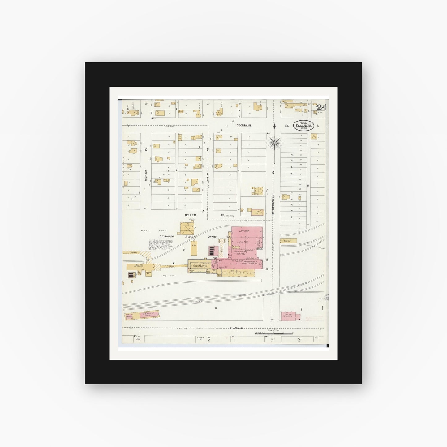 Old map wall art mockup — black gallery frame with white mat — Sanborn Fire Insurance Map from Escanaba, Delta County, Michigan (1906), Sheet #0024