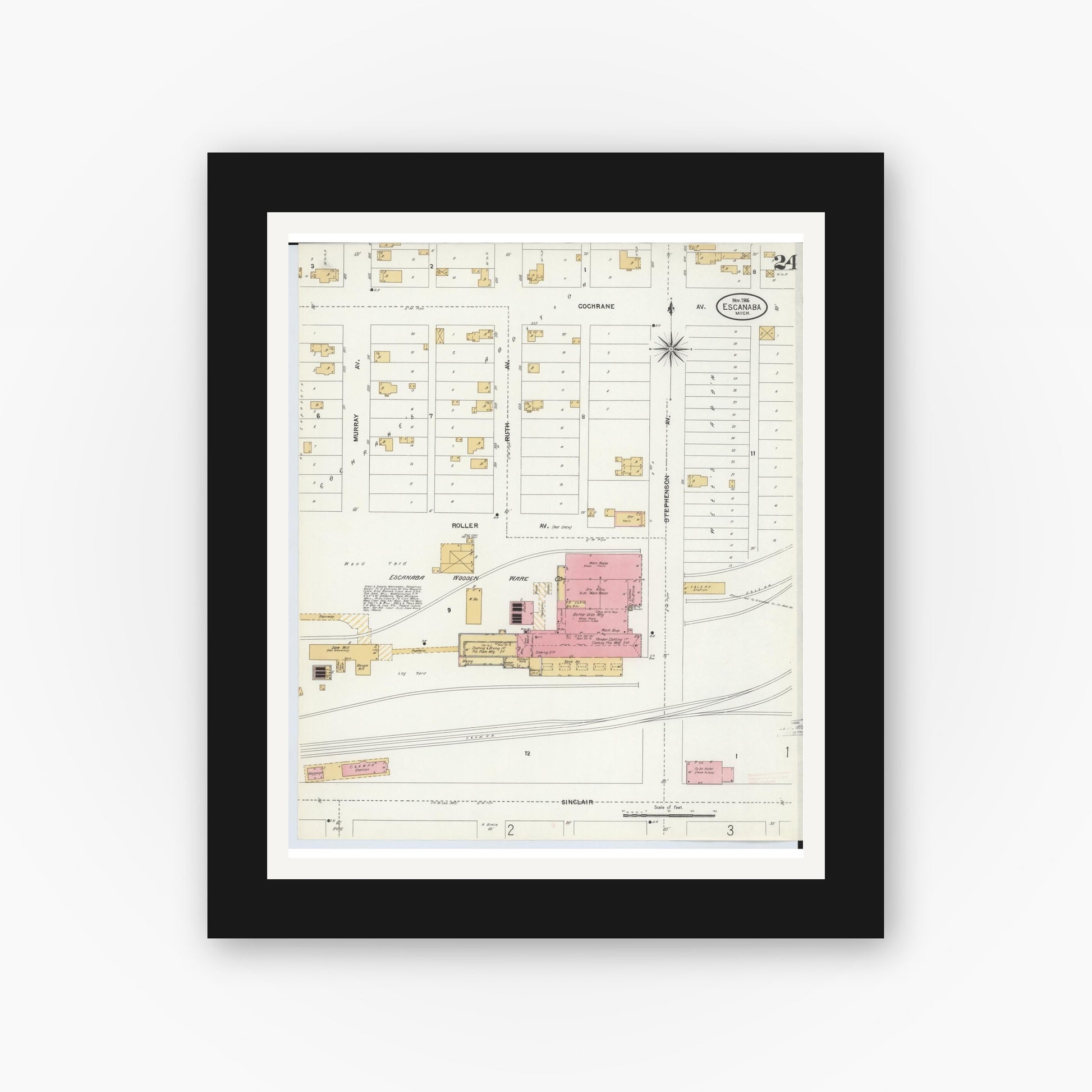 Old map wall art mockup — black gallery frame with white mat — Sanborn Fire Insurance Map from Escanaba, Delta County, Michigan (1906), Sheet #0024