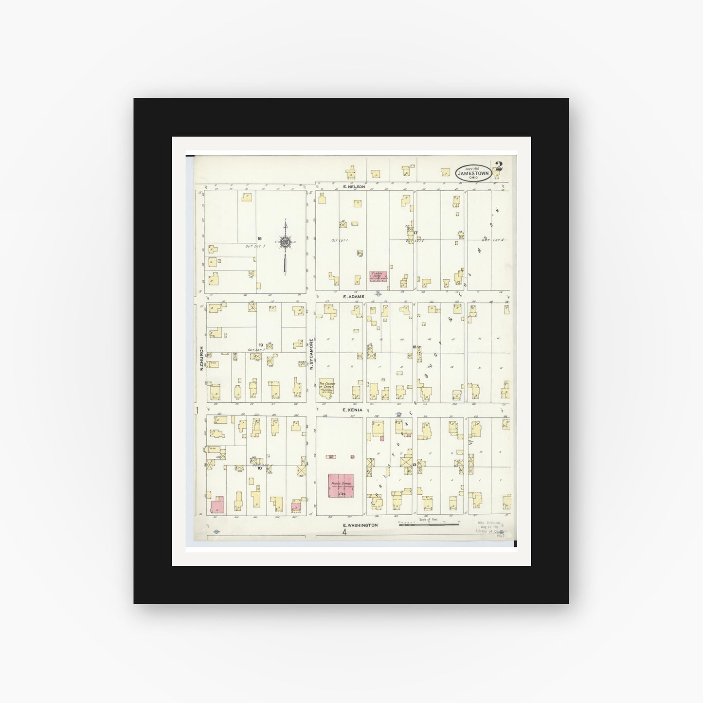 Old map wall art mockup — black gallery frame with white mat — Sanborn Fire Insurance Map from Jamestown, Greene County, Ohio (1910), Sheet #0002