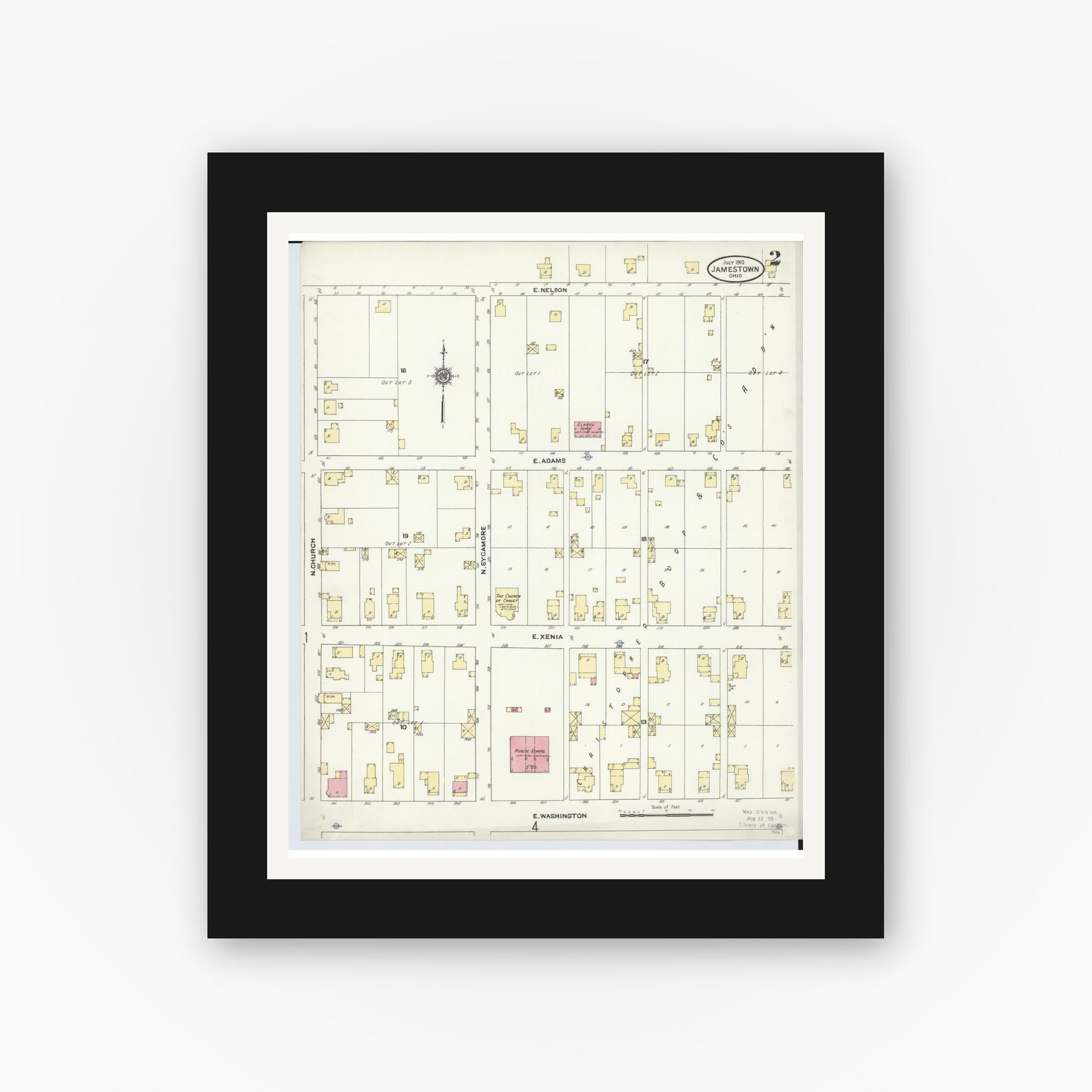 Old map wall art mockup — black gallery frame with white mat — Sanborn Fire Insurance Map from Jamestown, Greene County, Ohio (1910), Sheet #0002