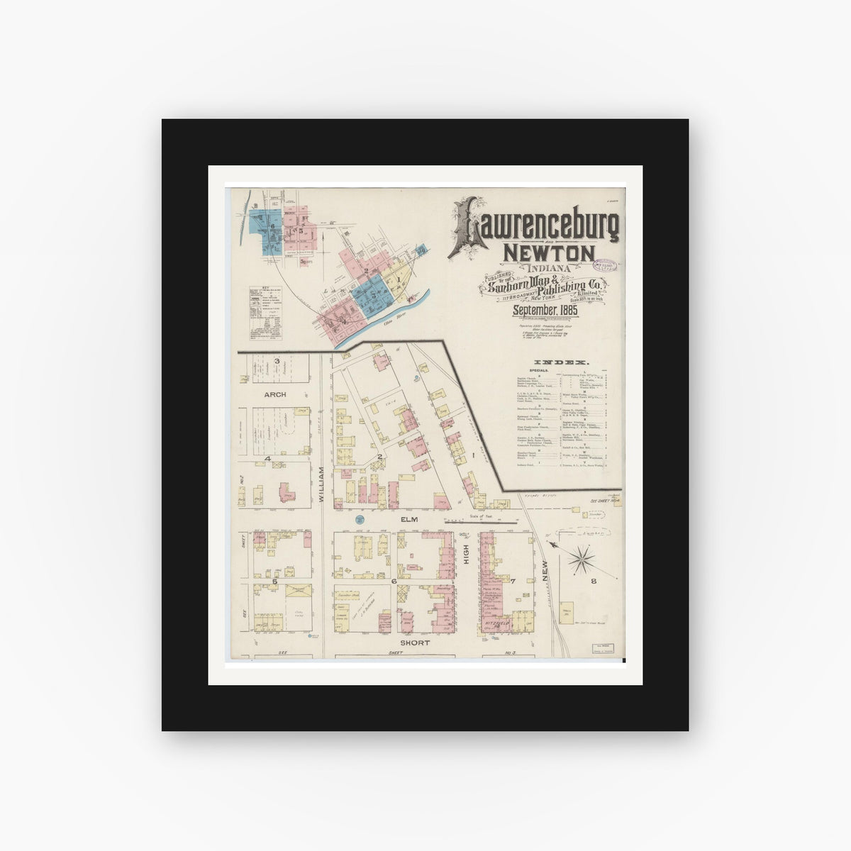 Old map wall art mockup — black gallery frame with white mat — Sanborn Fire Insurance Map from Lawrenceburg, Dearborn County, Indiana (1885) - Complete Map Set