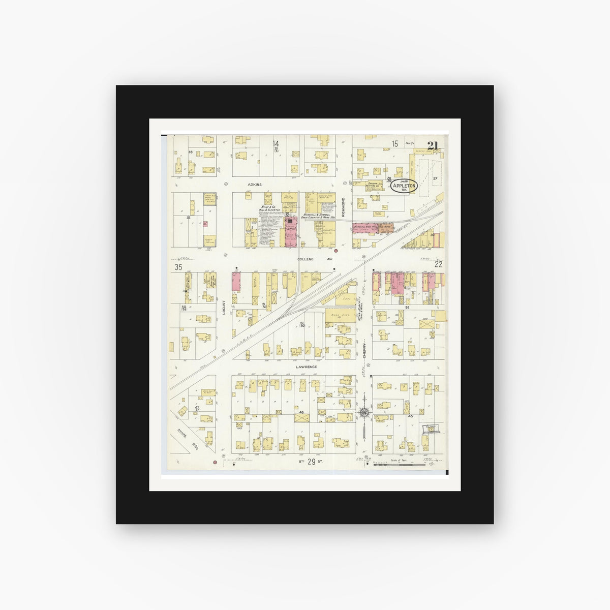 Old map wall art mockup — black gallery frame with white mat — Sanborn Fire Insurance Map from Appleton, Outagamie County, Wisconsin (1911), Sheet #0021