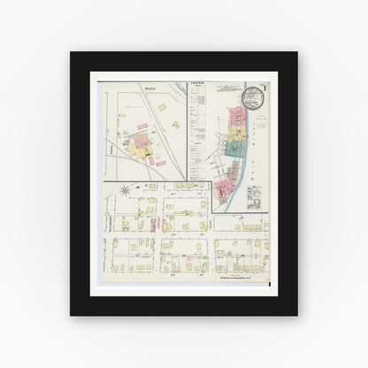 Old map wall art mockup — black gallery frame with white mat — Sanborn Fire Insurance Map from Middleport, Meigs County, Ohio (1893), Sheet #0001