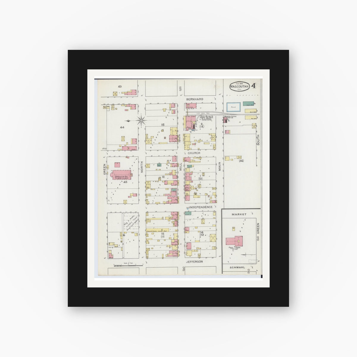 Old map wall art mockup — black gallery frame with white mat — Sanborn Fire Insurance Map from Mascoutah, Saint Clair County, Illinois (1894), Sheet #0004