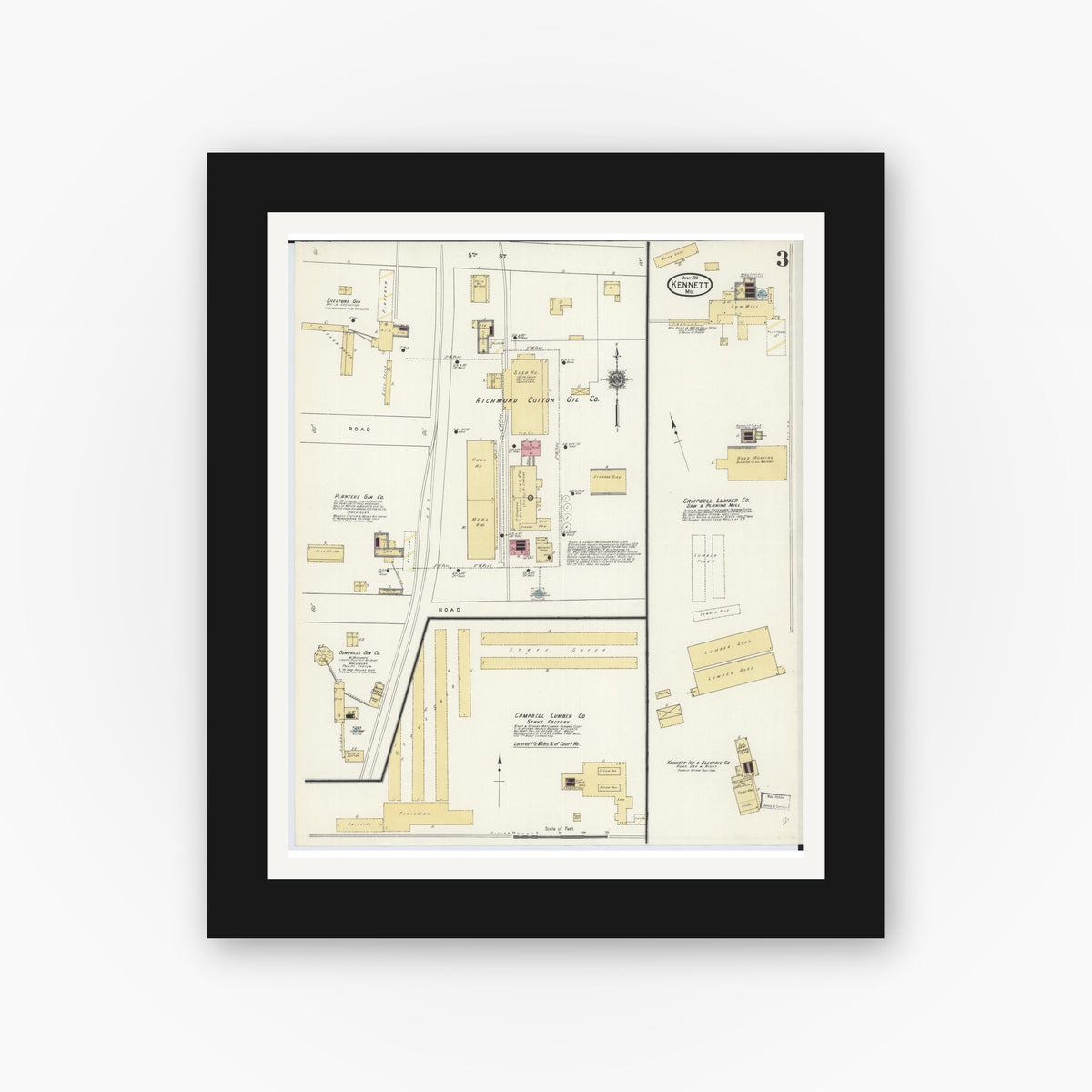 Old map wall art mockup — black gallery frame with white mat — Sanborn Fire Insurance Map from Kennett, Dunklin County, Missouri (1911), Sheet #0003