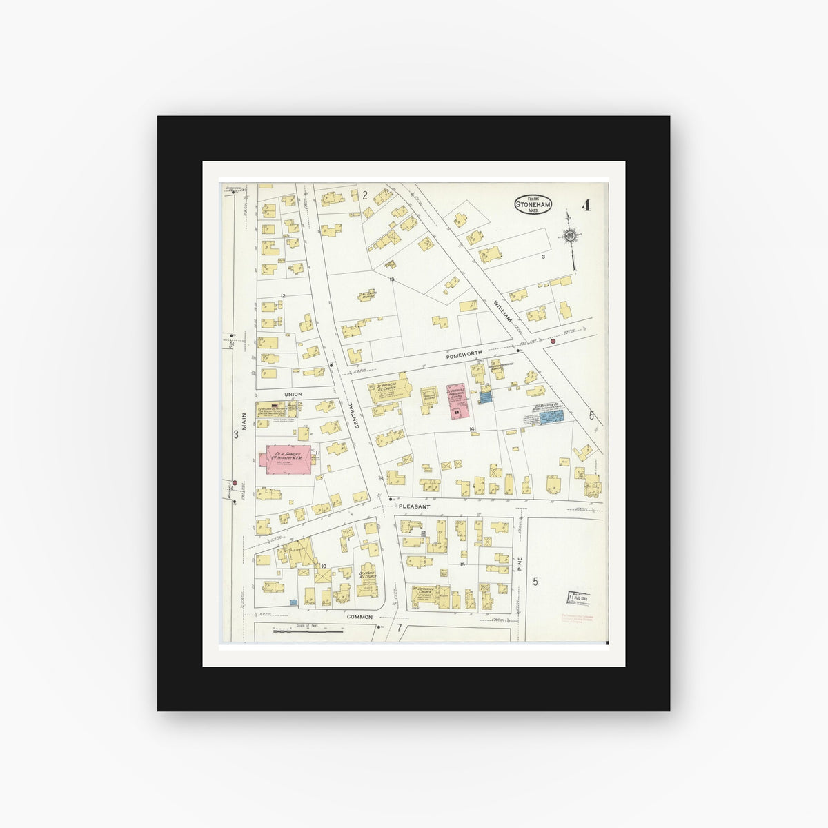 Old map wall art mockup — black gallery frame with white mat — Sanborn Fire Insurance Map from Stoneham, Middlesex County, Massachusetts (1916), Sheet #0004