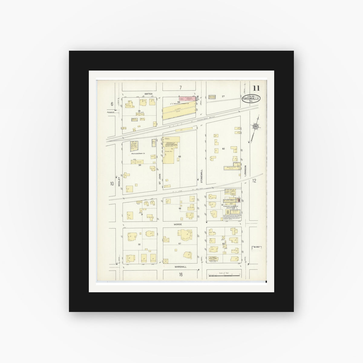 Old map wall art mockup — black gallery frame with white mat — Sanborn Fire Insurance Map from Greenville, Hunt County, Texas (1914), Sheet #0011
