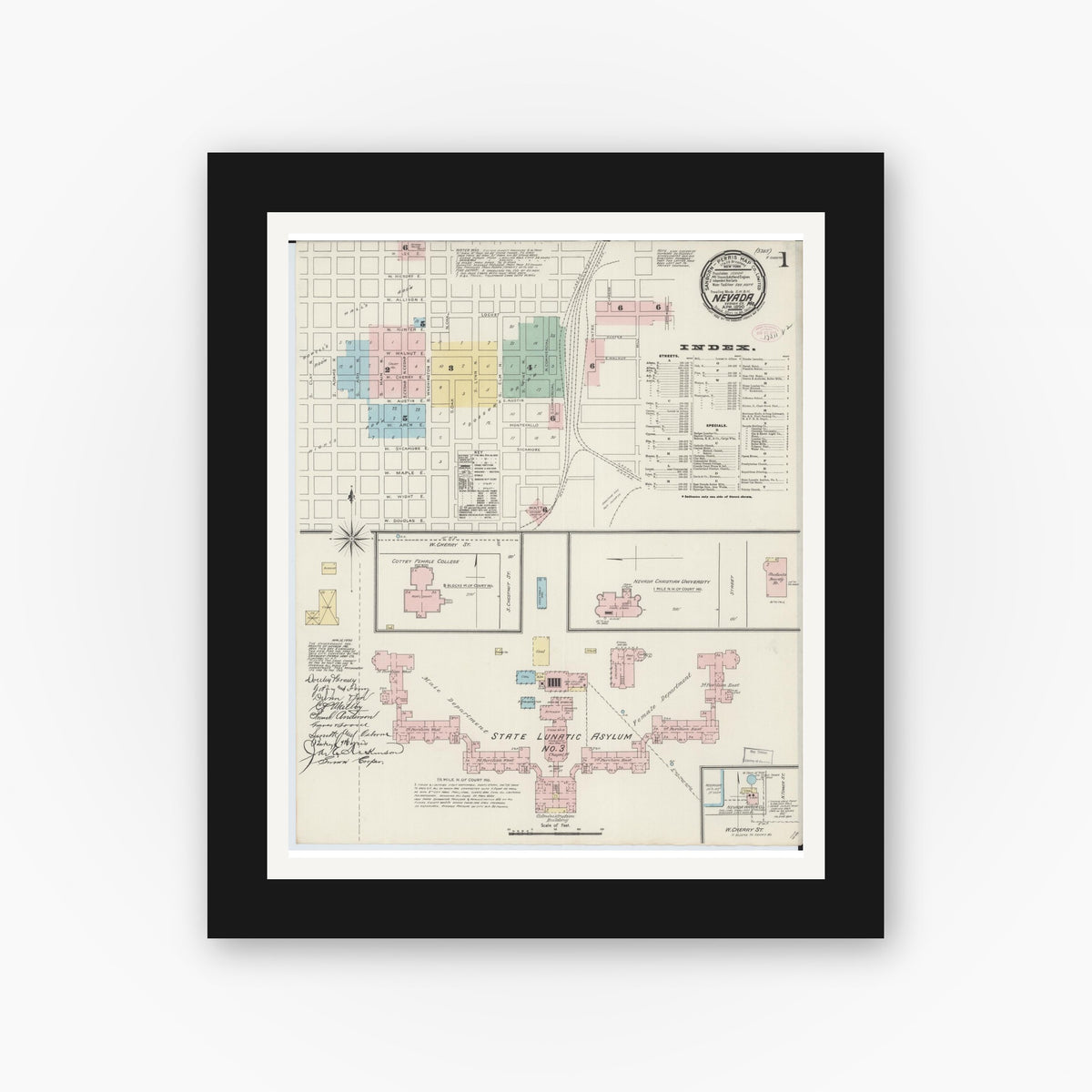 Old map wall art mockup — black gallery frame with white mat — Sanborn Fire Insurance Map from Nevada, Vernon County, Missouri (1890), Sheet #0001