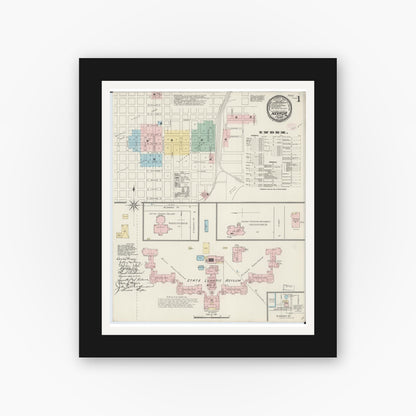 Old map wall art mockup — black gallery frame with white mat — Sanborn Fire Insurance Map from Nevada, Vernon County, Missouri (1890), Sheet #0001