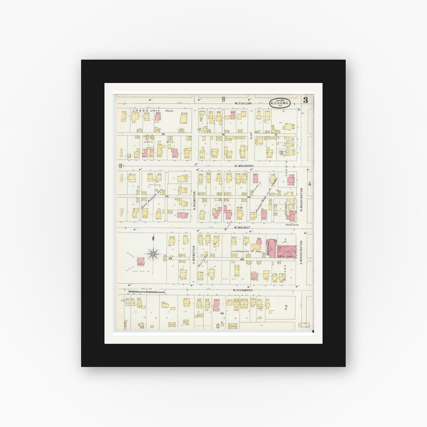 Old map wall art mockup — black gallery frame with white mat — Sanborn Fire Insurance Map from Kokomo, Howard County, Indiana (1896), Sheet #0003