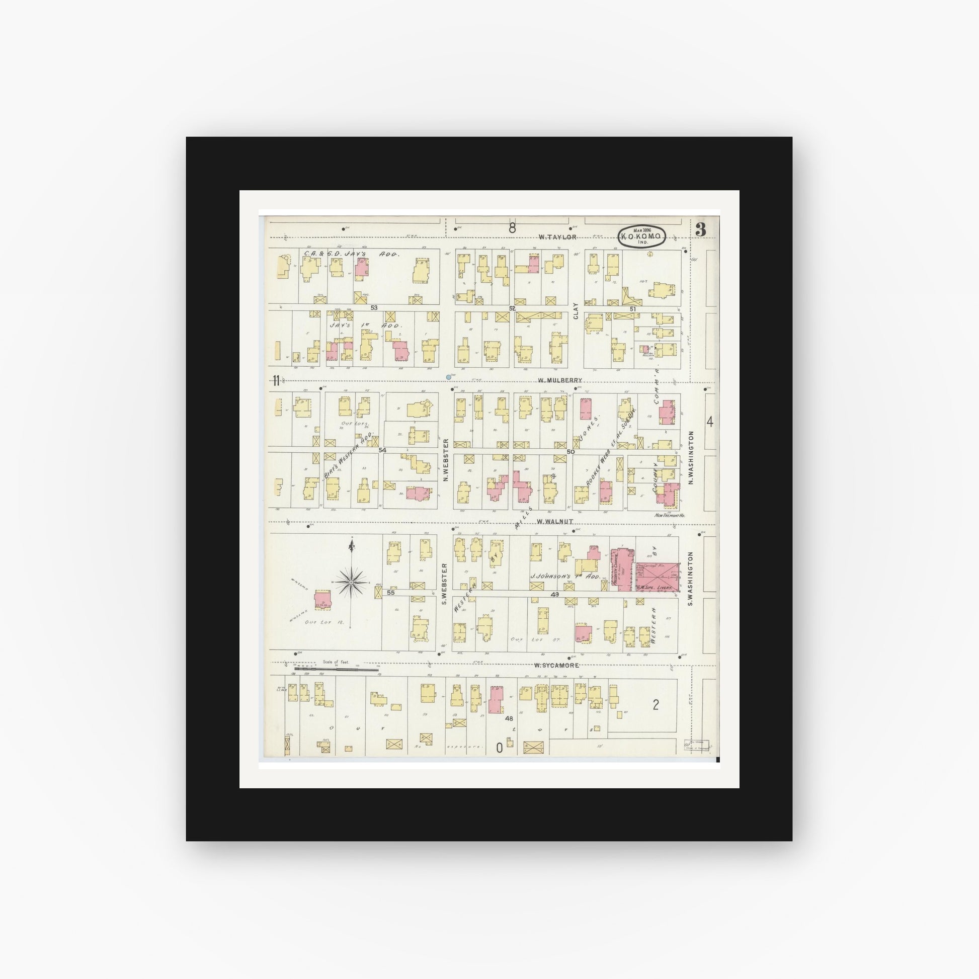 Old map wall art mockup — black gallery frame with white mat — Sanborn Fire Insurance Map from Kokomo, Howard County, Indiana (1896), Sheet #0003