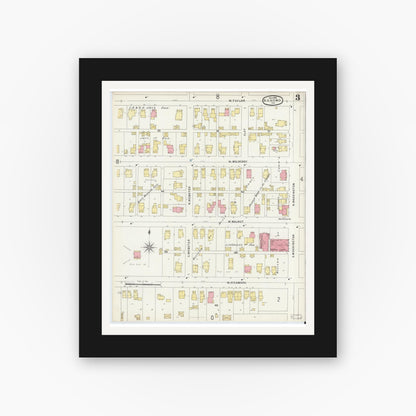 Old map wall art mockup — black gallery frame with white mat — Sanborn Fire Insurance Map from Kokomo, Howard County, Indiana (1896), Sheet #0003