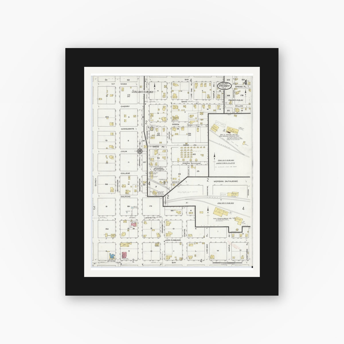 Old map wall art mockup — black gallery frame with white mat — Sanborn Fire Insurance Map from Perry, Taylor County, Florida (1917), Sheet #0004