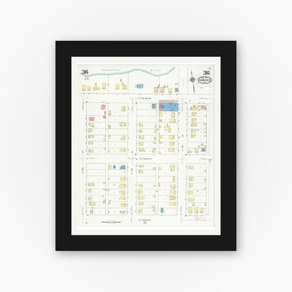 Old map wall art mockup — black gallery frame with white mat — Sanborn Fire Insurance Map from Kankakee, Kankakee County, Illinois (1930), Sheet #0036
