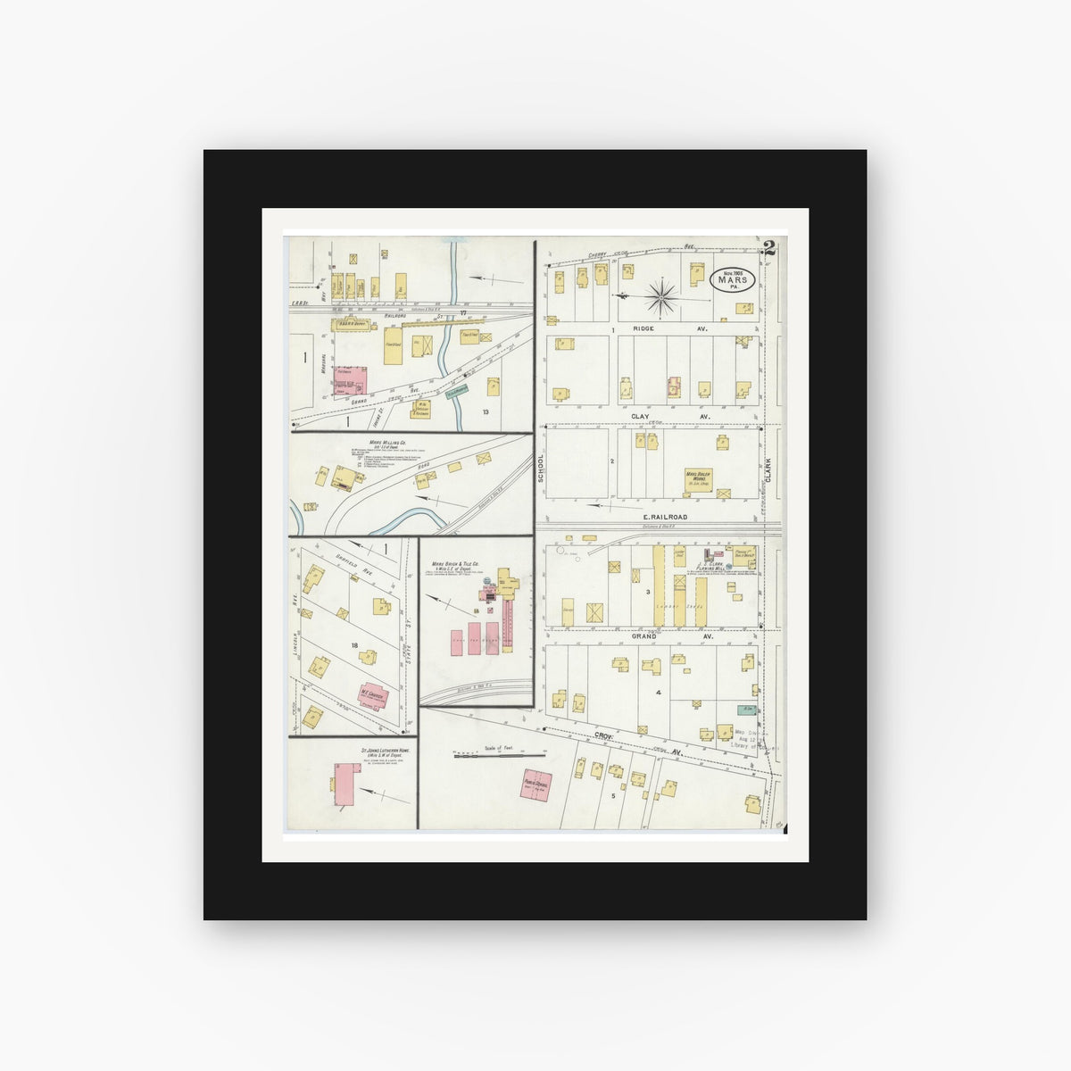 Old map wall art mockup — black gallery frame with white mat — Sanborn Fire Insurance Map from Mars, Butler County, Pennsylvania (1905), Sheet #0002