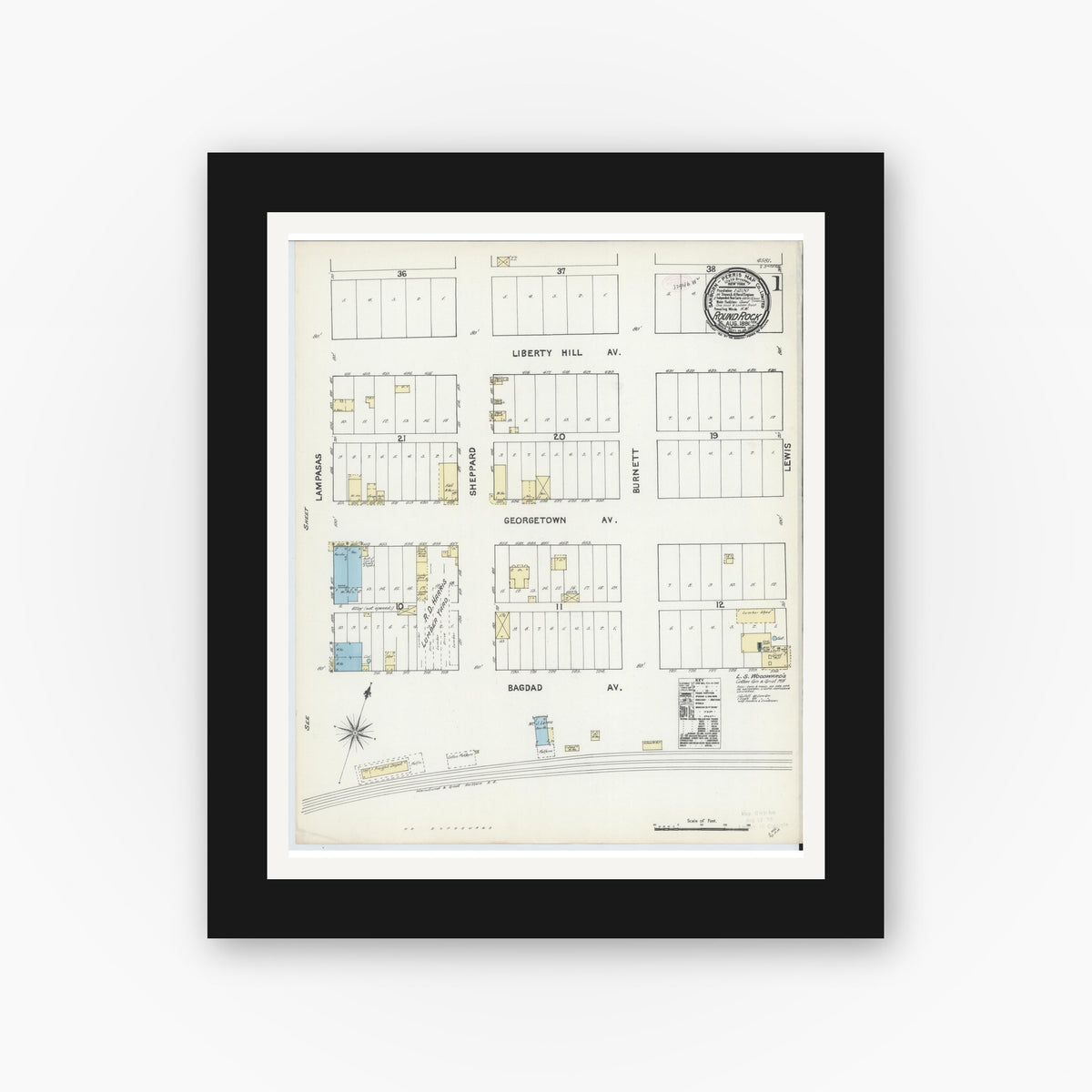 Old map wall art mockup — black gallery frame with white mat — Sanborn Fire Insurance Map from Round Rock, Williamson County, Texas (1891) - Complete Map Set